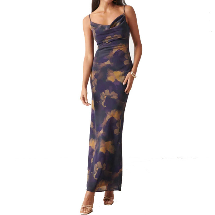 Ladies sleeveless cowl neck floral printed chiffon maxi dress
