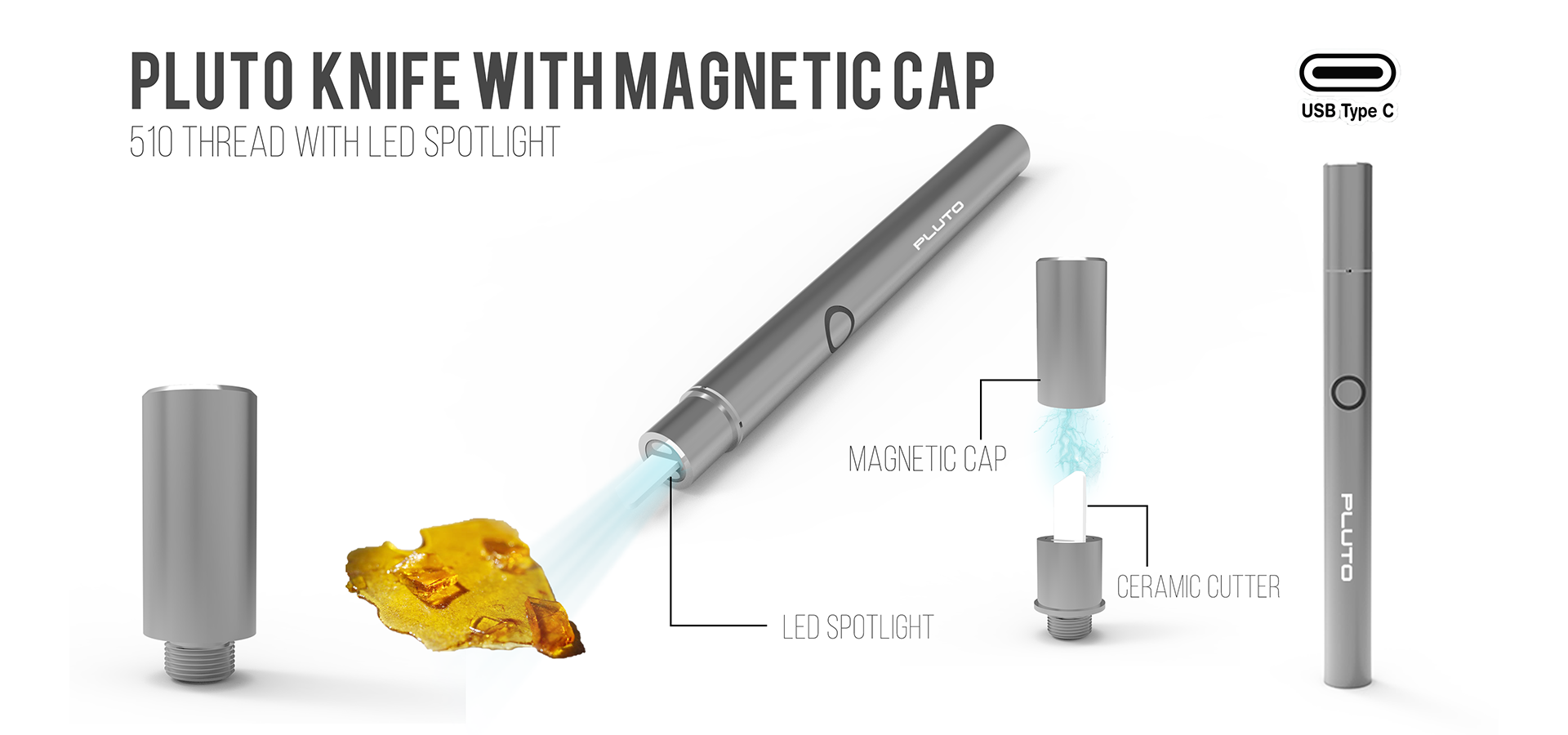 Pluto Knife with magnetic cap and LED spotlight for Wax