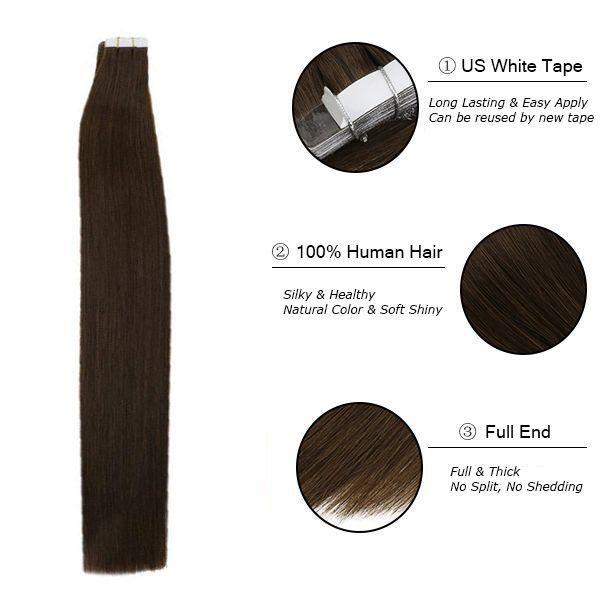 Donors 16"-30" Tape in Hair Extensions Darkest Brown Color #2  20pcs/pack