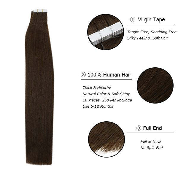 Donors 18"-30" Tape in Hair Extensions Darkest Brown Color #2 20pcs/pack