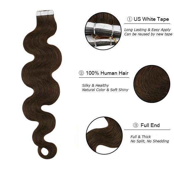Donors 18"-30"  Tape in Hair Extensions Darkest Dark Brown Body Wave #2 50g/pack