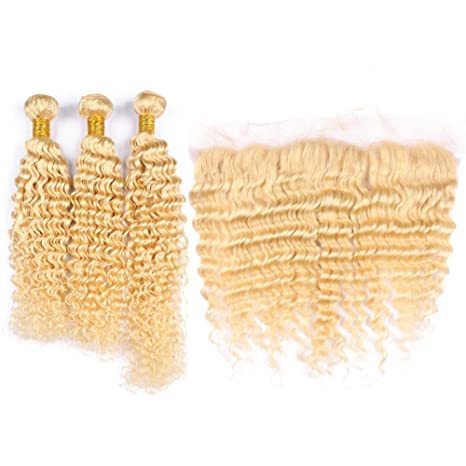 Donors Blonde 613 Deep Wave Hair Bunldes with 13x4 Transparent Lace Frontal