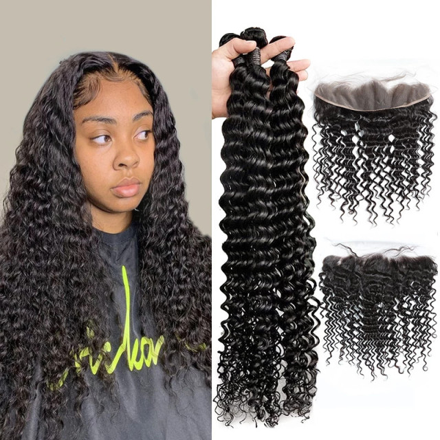 Donors High Quality Mink Hair Deep Wave 3 Bundles with 13x4 HD Lace Frontal