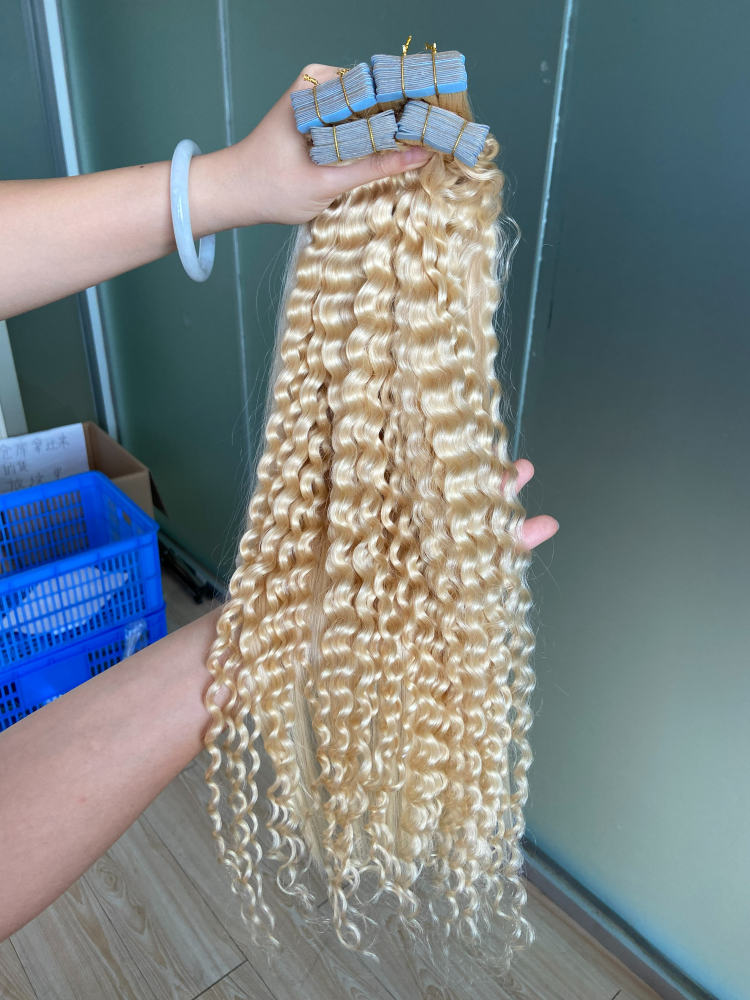 Donors 613 Blonde Color Deep Wave Tape Ins Human Hair Extensions 16"-30" Inches