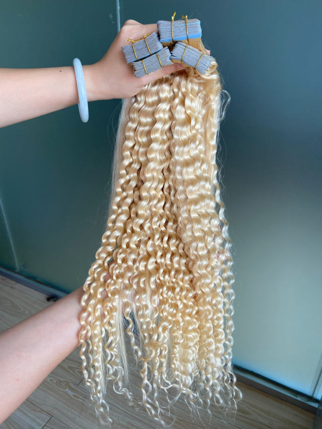 Donors 613 Blonde Color Deep Wave Tape Ins Human Hair Extensions 16"-30" Inches