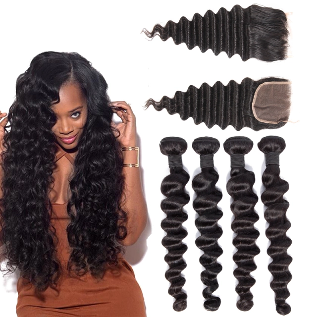 Donors Loose Deep No Chemical Process Mink Hair 3 Bundles With 5x5 Transparent Lace Closure