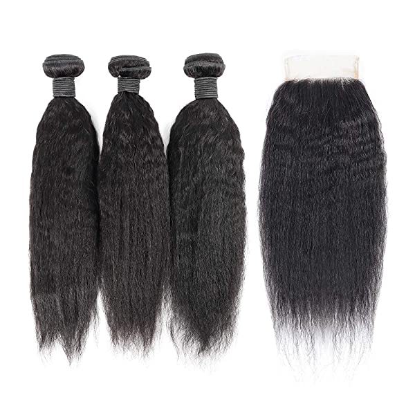 Donors Kinky Straight Unprocessed Mink Hair Weave 3 Bundles With 5x5 Transparent Lace Closure