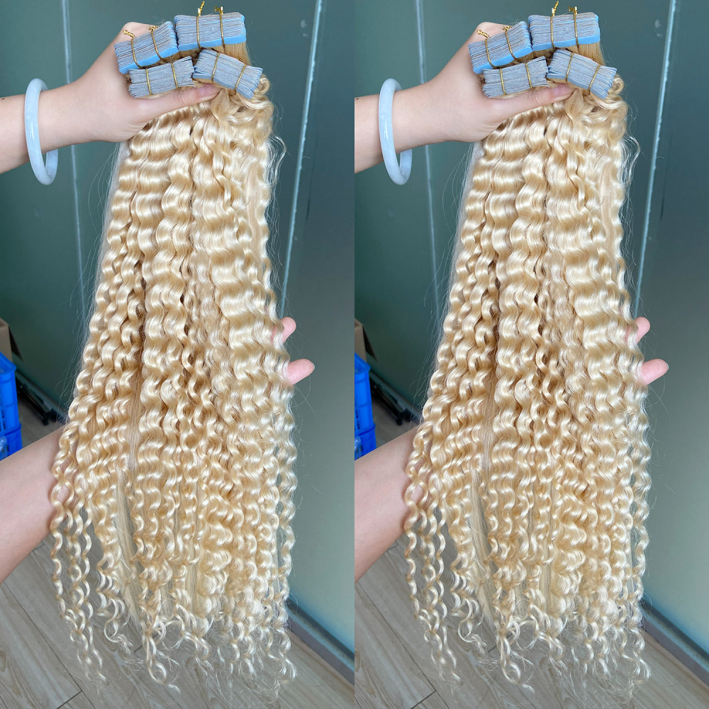 Donors 613 Blonde Color Deep Wave Tape Ins Human Hair Extensions 16"-30" Inches