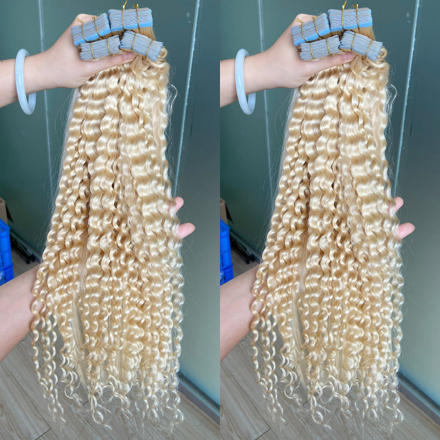 Donors 613 Blonde Color Deep Wave Tape Ins Human Hair Extensions 16"-30" Inches