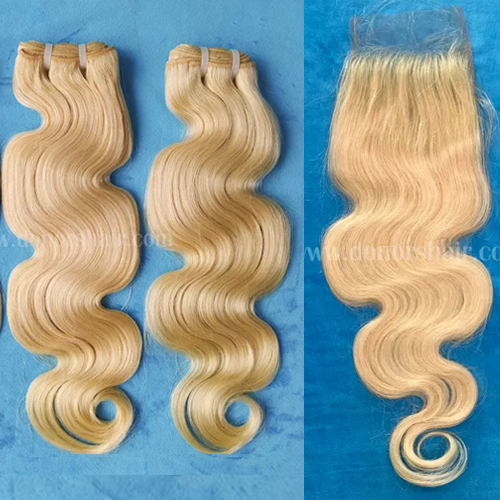 Donors 3 Bundles Blonde 613 Color Body Wave Virgin Hair & with 4x4 Transparent Lace Closure