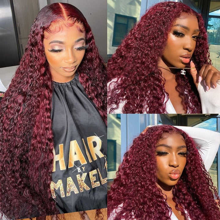 Donors 99J Red Burgundy Colored Curly 13x4/4x4 Lace Front HD 100% Human Hair Wig