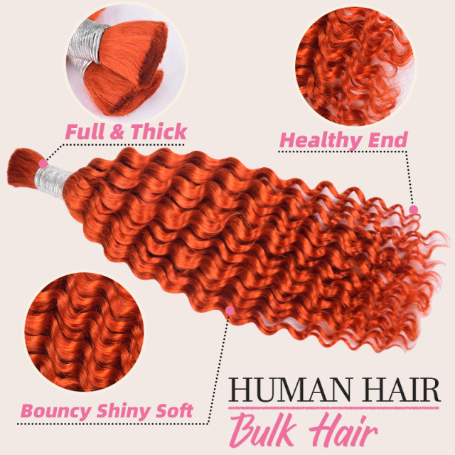 Donors Deep Wave 100% Human Hair Ginger Orange 350# Bulk Hair For Braiding Bundles No Weft Braiding Hair Extension
