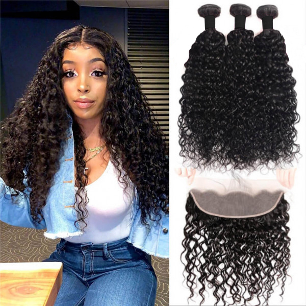 Donors Water Wave 100% Mink Hair 3 Bundles with 13x4 HD Lace Frontal