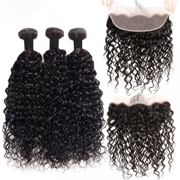 Donors Water Wave 100% Mink Hair 3 Bundles with 13x4 HD Lace Frontal