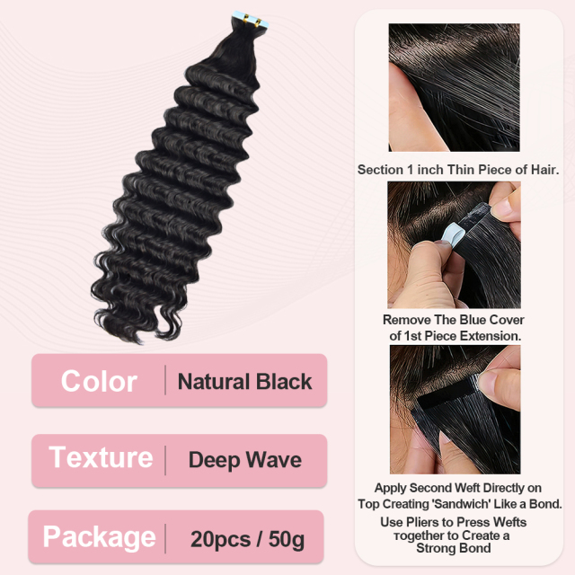 Donors Natural colour  Tape In Deep Wave Human Hair, Remy Tape in Hair Extensions Tape in Human Hair 50g 20pcs