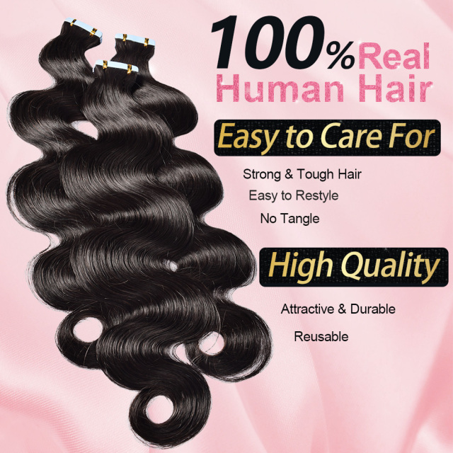 Donors Natural colour Tape In Black Body Wave Human Hair, Remy Tape in Hair Extensions Tape in Human Hair 50g 20pcs