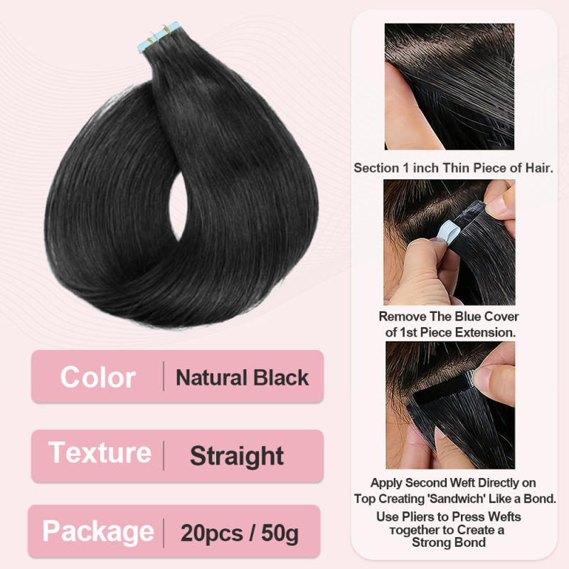 Donors Natural colour Tape In Straight Human Hair, Remy Tape in Hair Extensions Tape in Human Hair 50g 20pcs