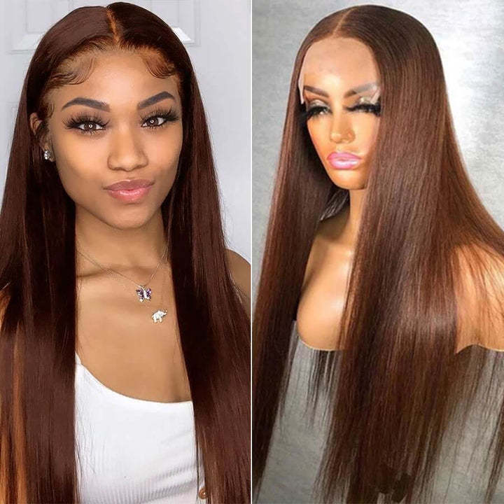 Donors Hair #4 Light Brown Colored Straight 13x4/4x4 transparen Lace 100% Human Hair Wig 180%Density
