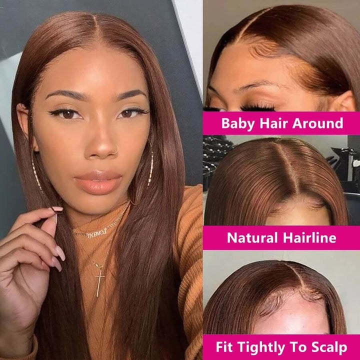 Donors Hair #4 Light Brown Colored Straight 13x4/4x4 transparen Lace 100% Human Hair Wig 180%Density