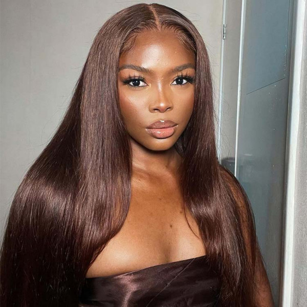 Donors Hair #4 Light Brown Colored Straight 13x4/4x4 transparen Lace 100% Human Hair Wig 180%Density
