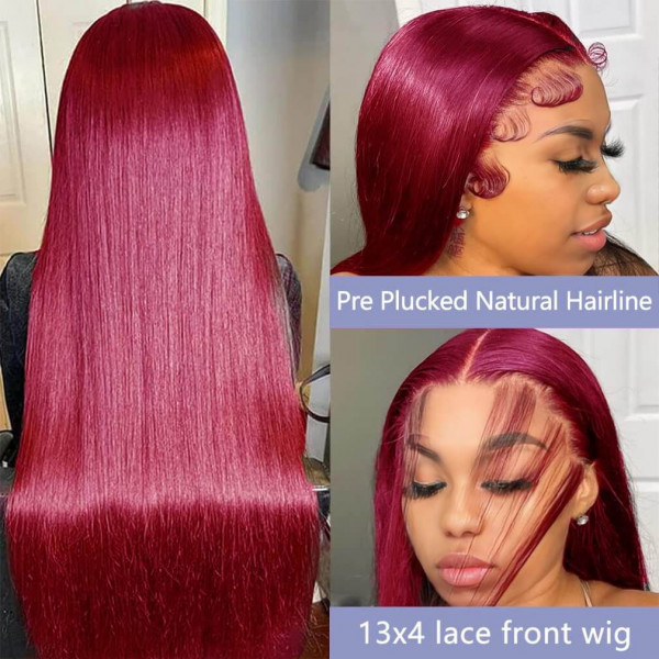 Donors #99J Red Burgundy Colored wig straight 13x4/4x4 Transparent Lace Front 100% Human Hair Wig