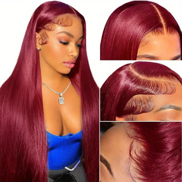 Donors #99J Red Burgundy Colored wig straight 13x4/4x4 Transparent Lace Front 100% Human Hair Wig
