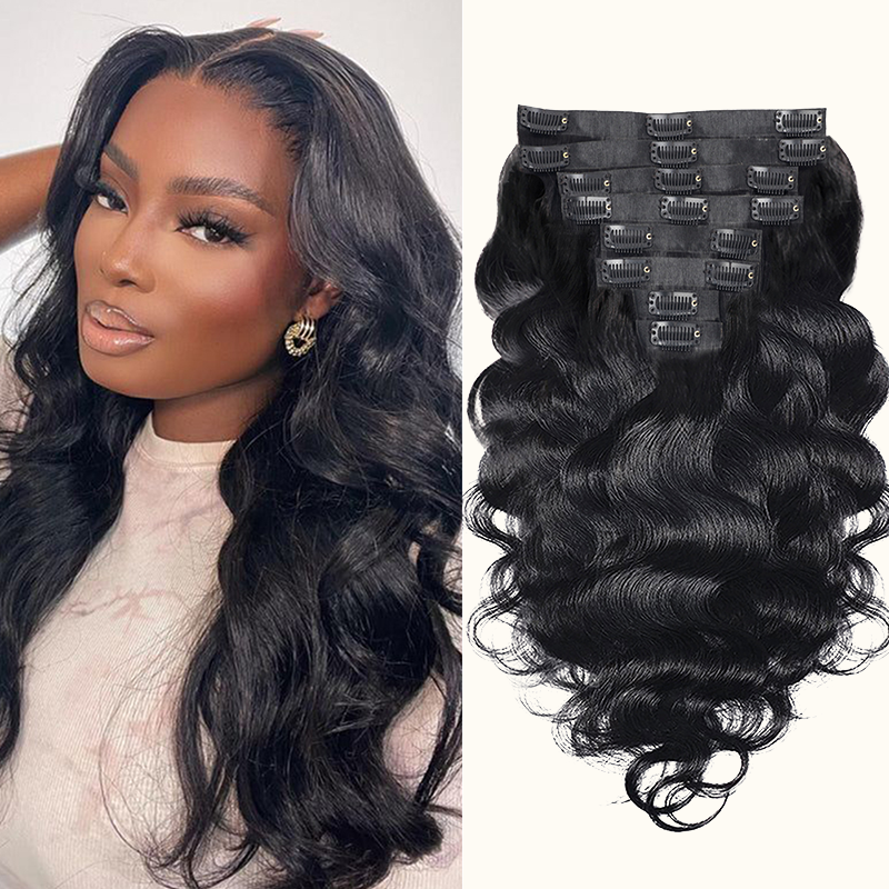 Donors Hair PU Clip-In Silk Body Wave Human Hair Extensions PU Clip in Hair Extensions Human Hair PU Tape With Clip Seamless Clip in Human Hair Extensions 100g 1B# Natural Black
