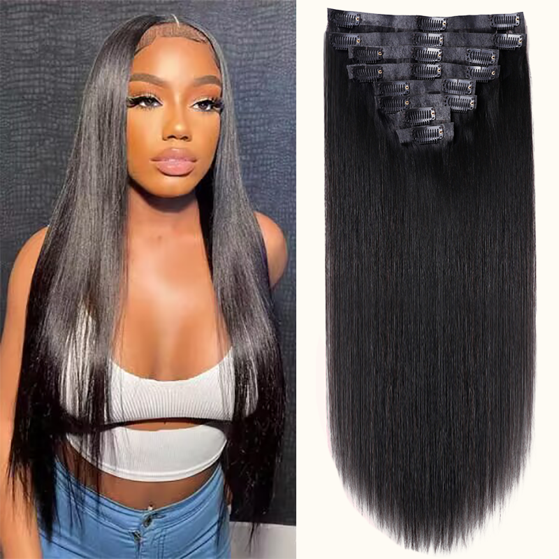 Donors Hair PU Clip-In All Textures Human Hair Extensions PU Clip in Hair Extensions Human Hair PU Tape With Clip Seamless Clip in Human Hair Extensions 100g 1B# Natural Black