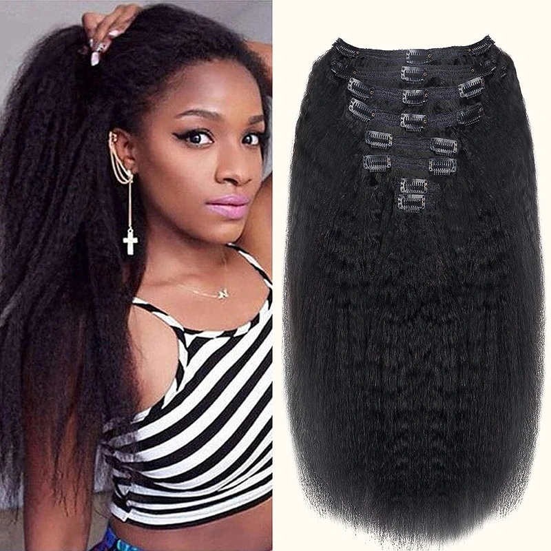 Donors Hair PU Clip-In Silk Kinky Straight  Human Hair Extensions PU Clip in Hair Extensions Human Hair PU Tape With Clip Seamless Clip in Human Hair Extensions 100g 1B# Natural Black