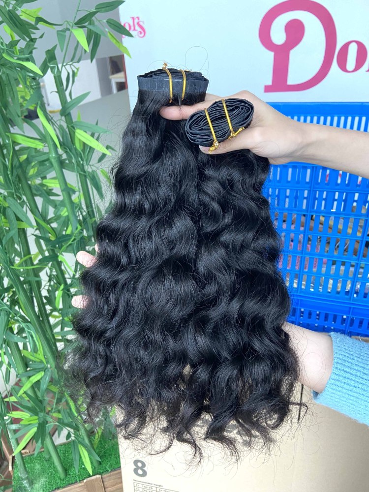 Donors Hair PU Seamless Clip In Raw Cambodian Wavy Human Hair Extensions PU Clip in Hair Extensions Human Hair PU Tape With Clip Seamless Clip in Human Hair Extensions 1B# Natural Black