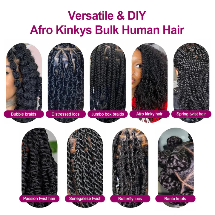 Exyhair Afro Kinky Bulk 100% Human Hair Bundles, Kinky Curly 2 Pack/100g  1B Natural Black, Perfect for Braiding, Twists & Dreadlocks with Crochet Hook