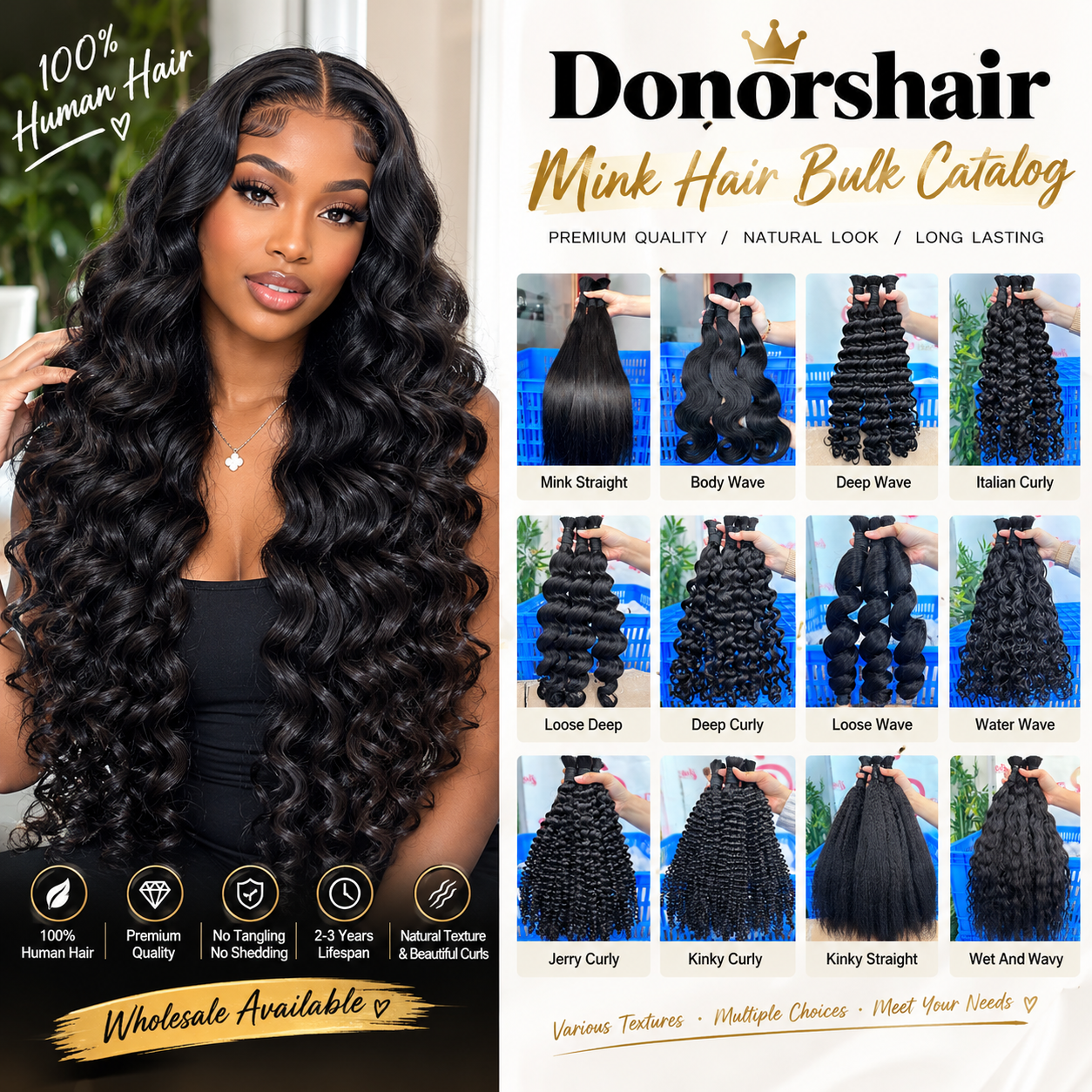 100% Unprocessed Natural Black All Textures Mink Human Hair Bulk (No Weft) - For Boho Braids