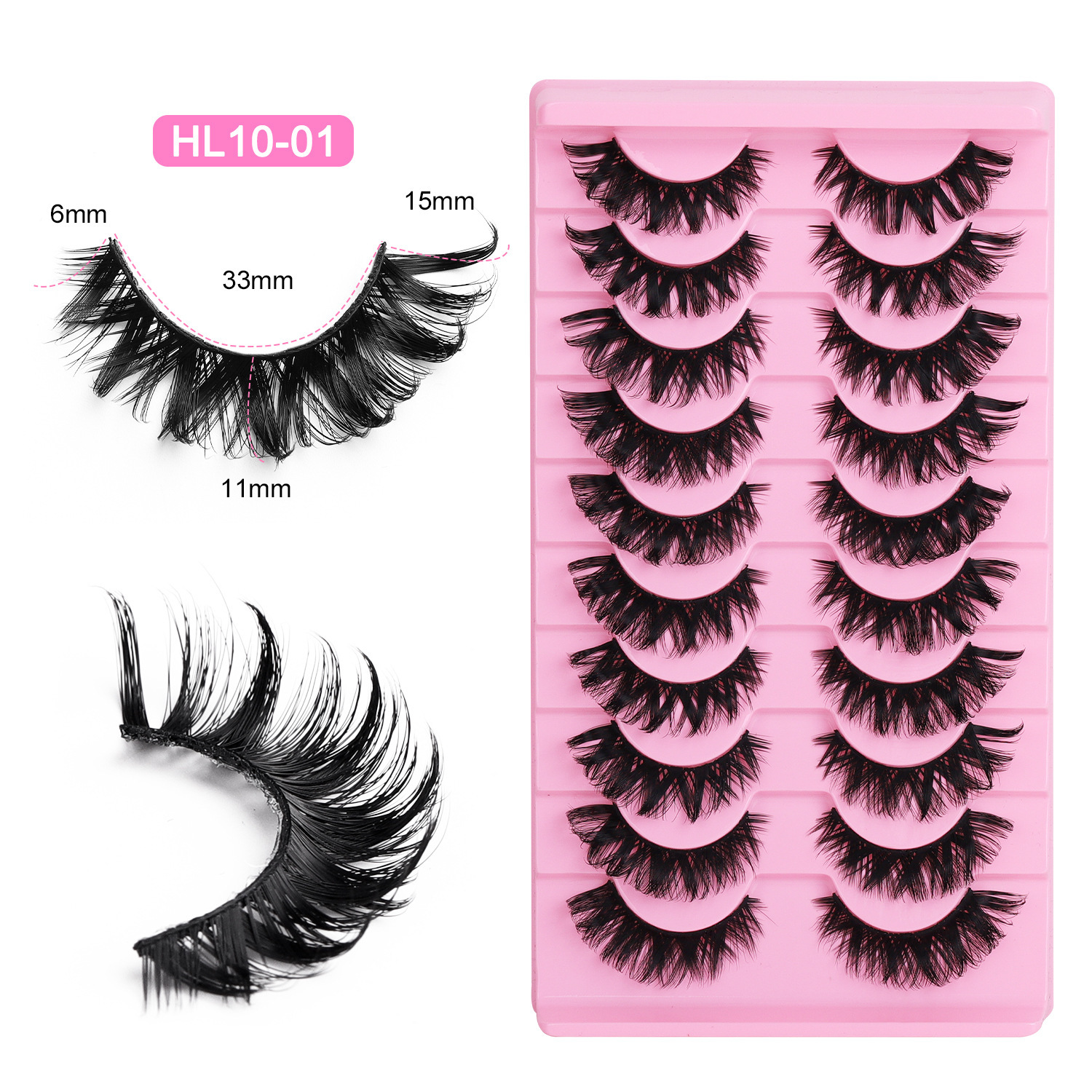 10-Pair Pack: Naturally Curled False Eyelashes – Voluminous, Curled, and Natural-Looking with Flexible Black Bands
