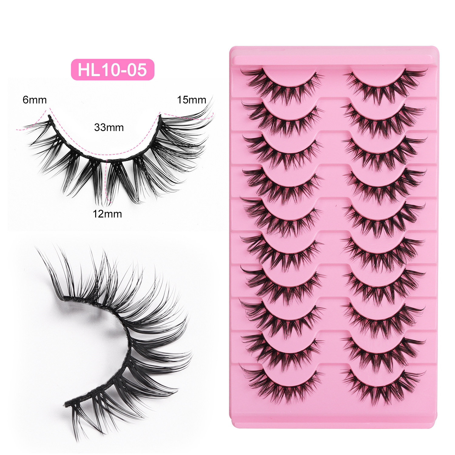 10-Pair Pack: Naturally Curled False Eyelashes – Voluminous, Curled, and Natural-Looking with Flexible Black Bands