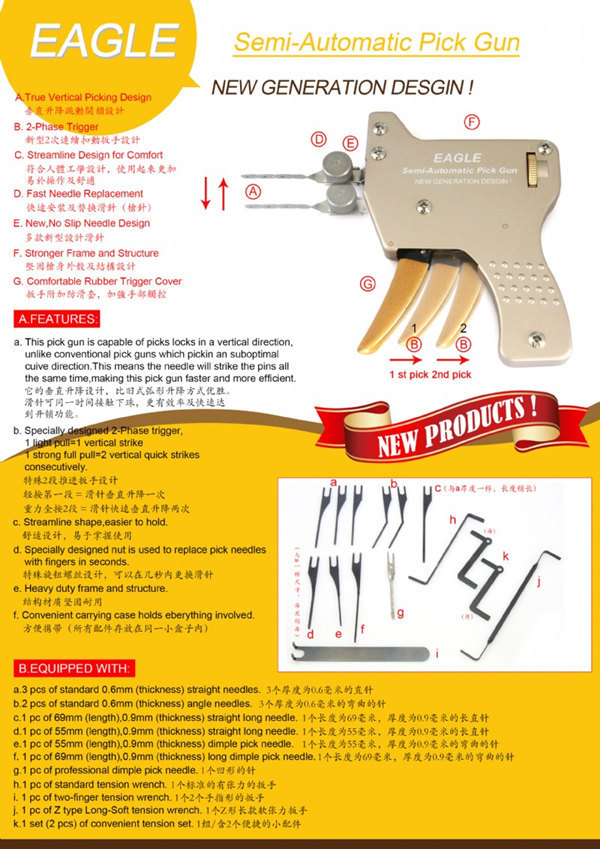 New Type Semi-Automatic Lock Pick Gun Mechanical Kock Guns for Professional Locksmith Tools