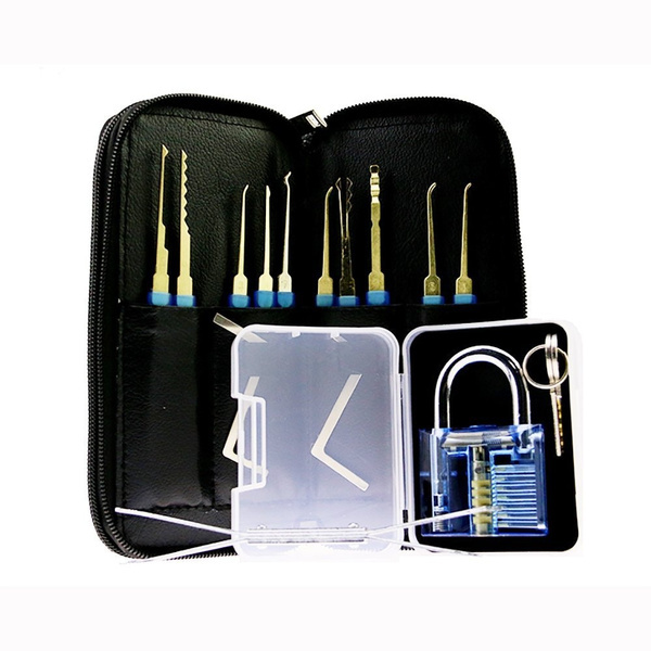 24 Piece Stainless Steel Hook Lock Pick Set with 5pcs Credit Card Locksmith Tools and Transparent Cutaway Practice Padlock