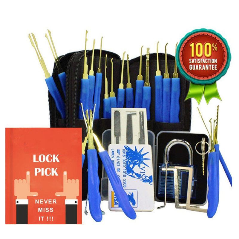 24 Piece Stainless Steel Hook Lock Pick Set with 5pcs Credit Card Locksmith Tools and Transparent Cutaway Practice Padlock