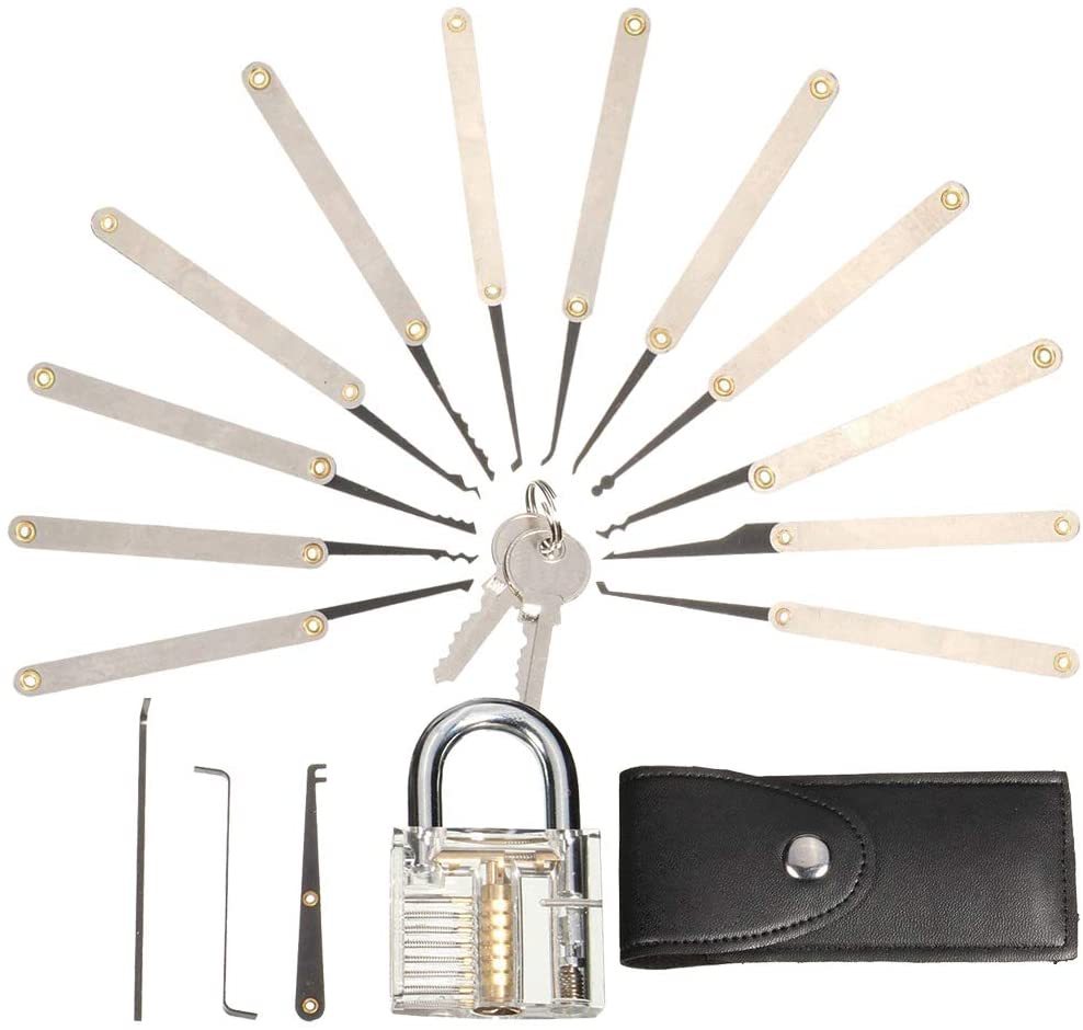 15pcs GOSO Lock Pick Locksmith Tools Classic Set with Bag and Transparent Lock Cutaway Inside View Padlock Broken Key Tool