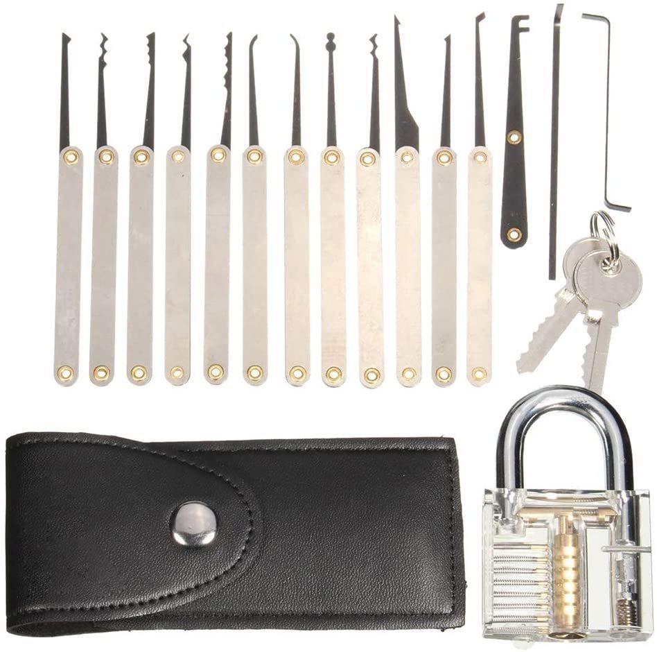 15pcs GOSO Lock Pick Locksmith Tools Classic Set with Bag and Transparent Lock Cutaway Inside View Padlock Broken Key Tool
