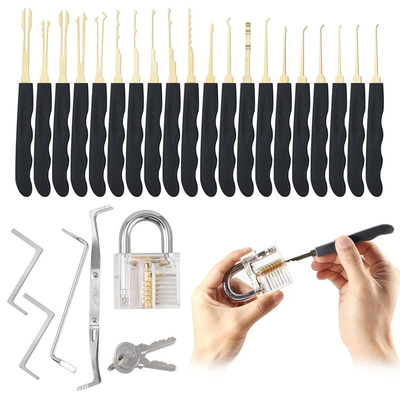 24pcs GOSO Lock Pick Set Practice Lock Picking Tools with Transparent Training Padlock for Lockpicking Guide for Beginner and Locksmith Training