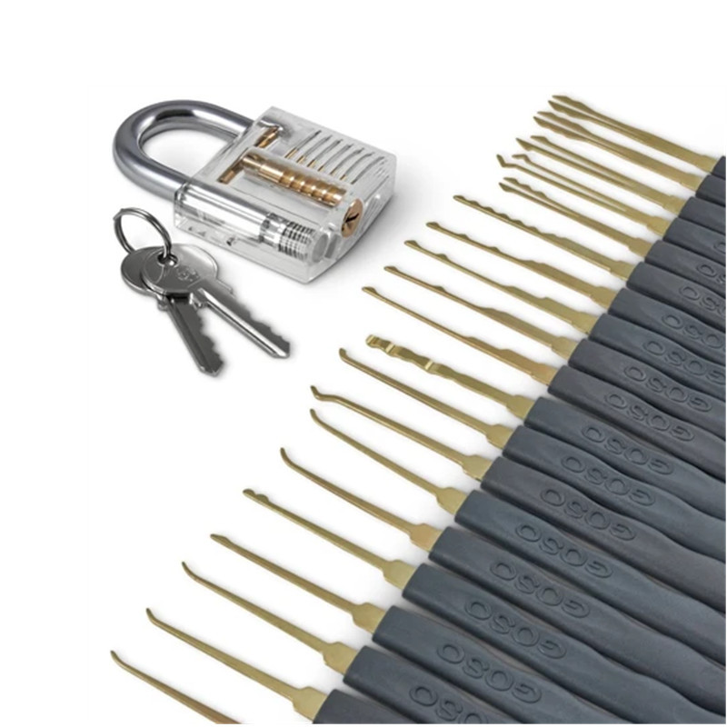 24pcs GOSO Lock Pick Set Practice Lock Picking Tools with Transparent Training Padlock for Lockpicking Guide for Beginner and Locksmith Training