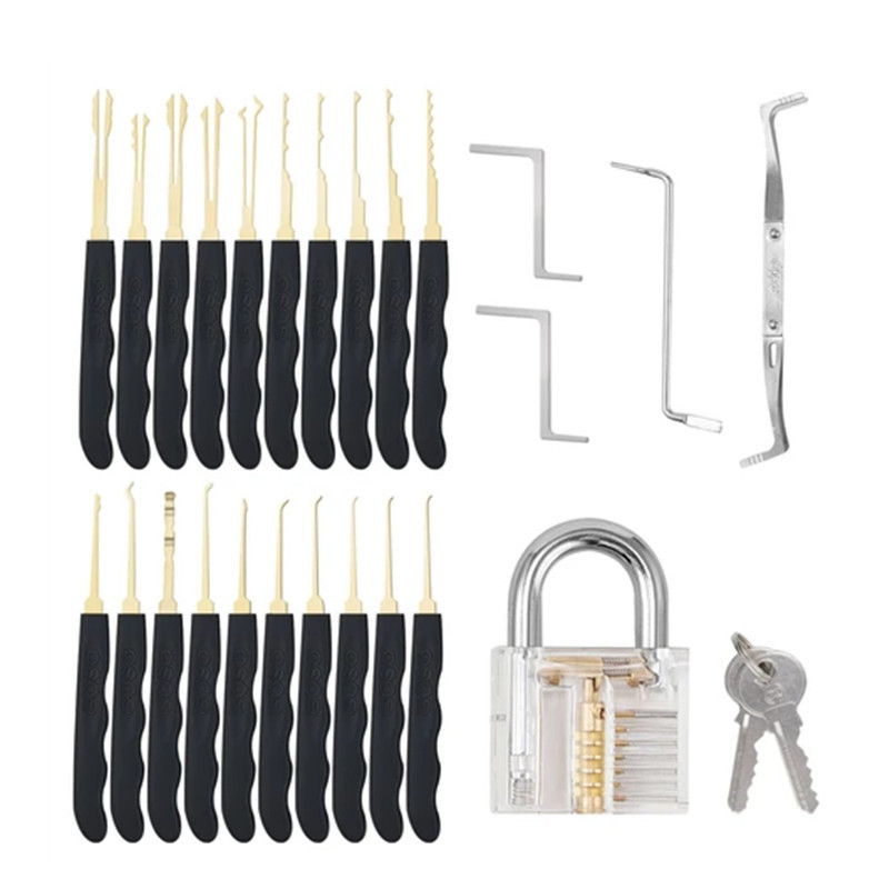24pcs GOSO Lock Pick Set Practice Lock Picking Tools with Transparent Training Padlock for Lockpicking Guide for Beginner and Locksmith Training