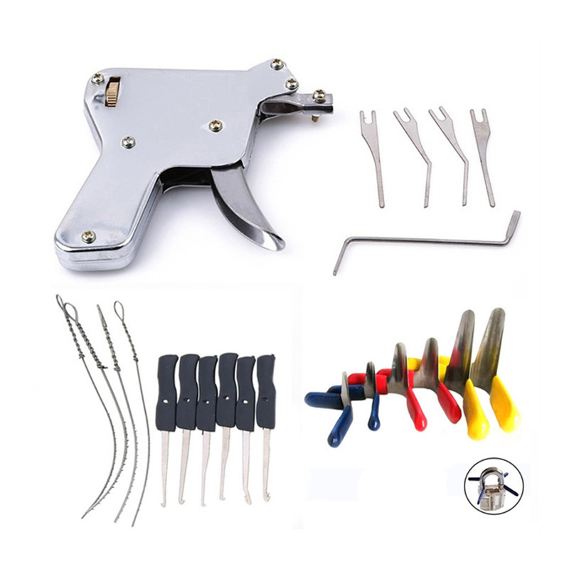 Strong Lock Pick Gun + 10pcs Broken Key Extractor Kit +6pcs Padlock Shim Picks Locksmith Tool Set