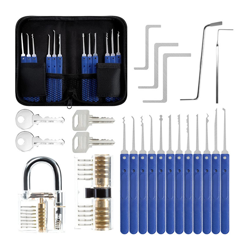 17 Pcs Lock Picking Tools Lock Pick Set with 2 Pcs Transparent Practice Padlock for Locksmiths Training