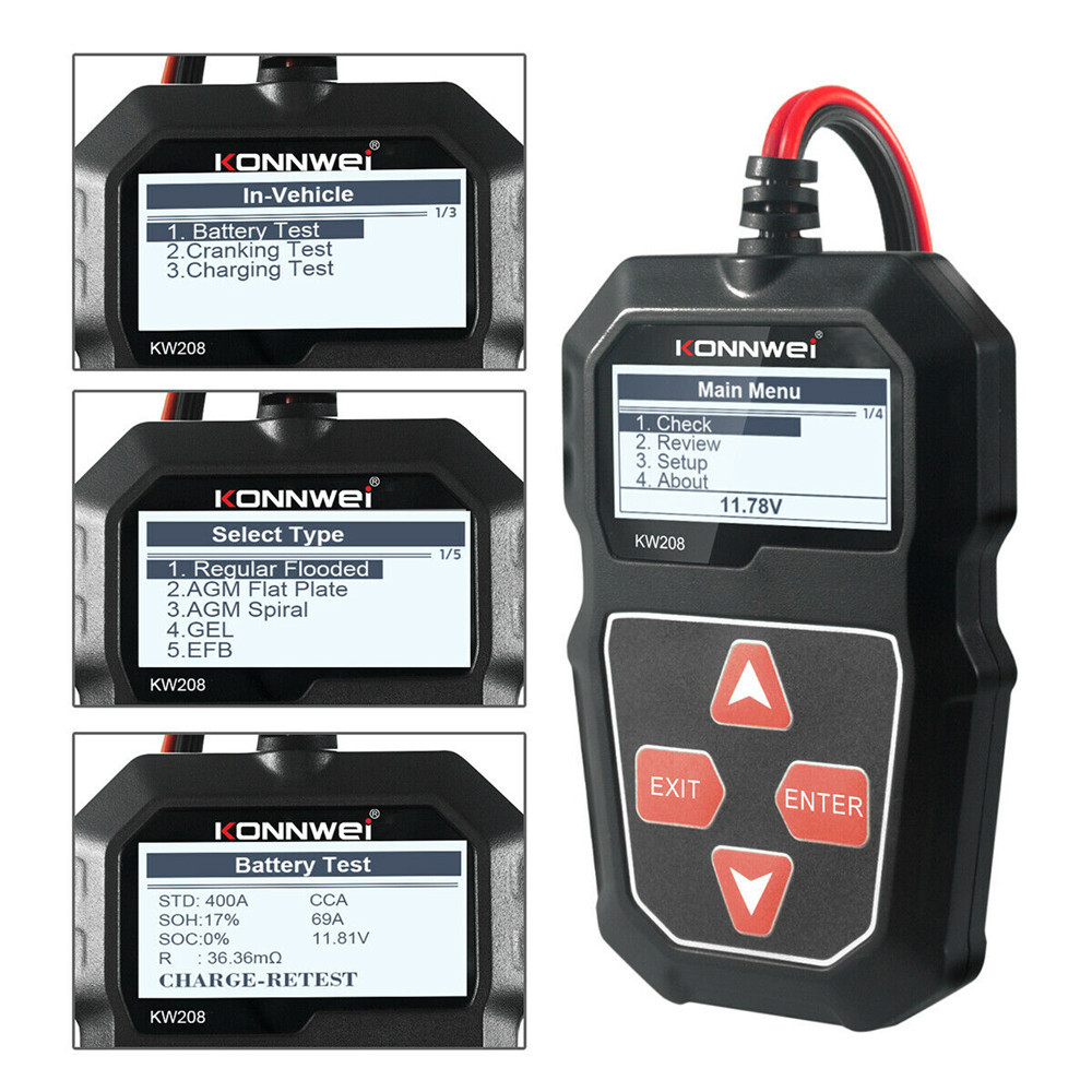 KONNWEI KW208 Car Battery Tester Charger 12V 100-2000CCA Cranking Charging Test Analyzer