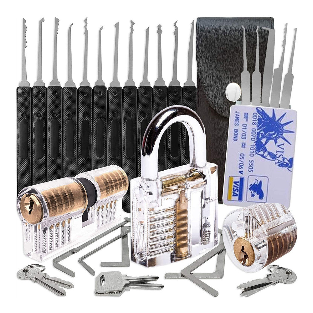 22pcs Lock Picking Tools Credit Card Lock Pick Set with 3 Transparent Practice Padlock for Locksmith Training