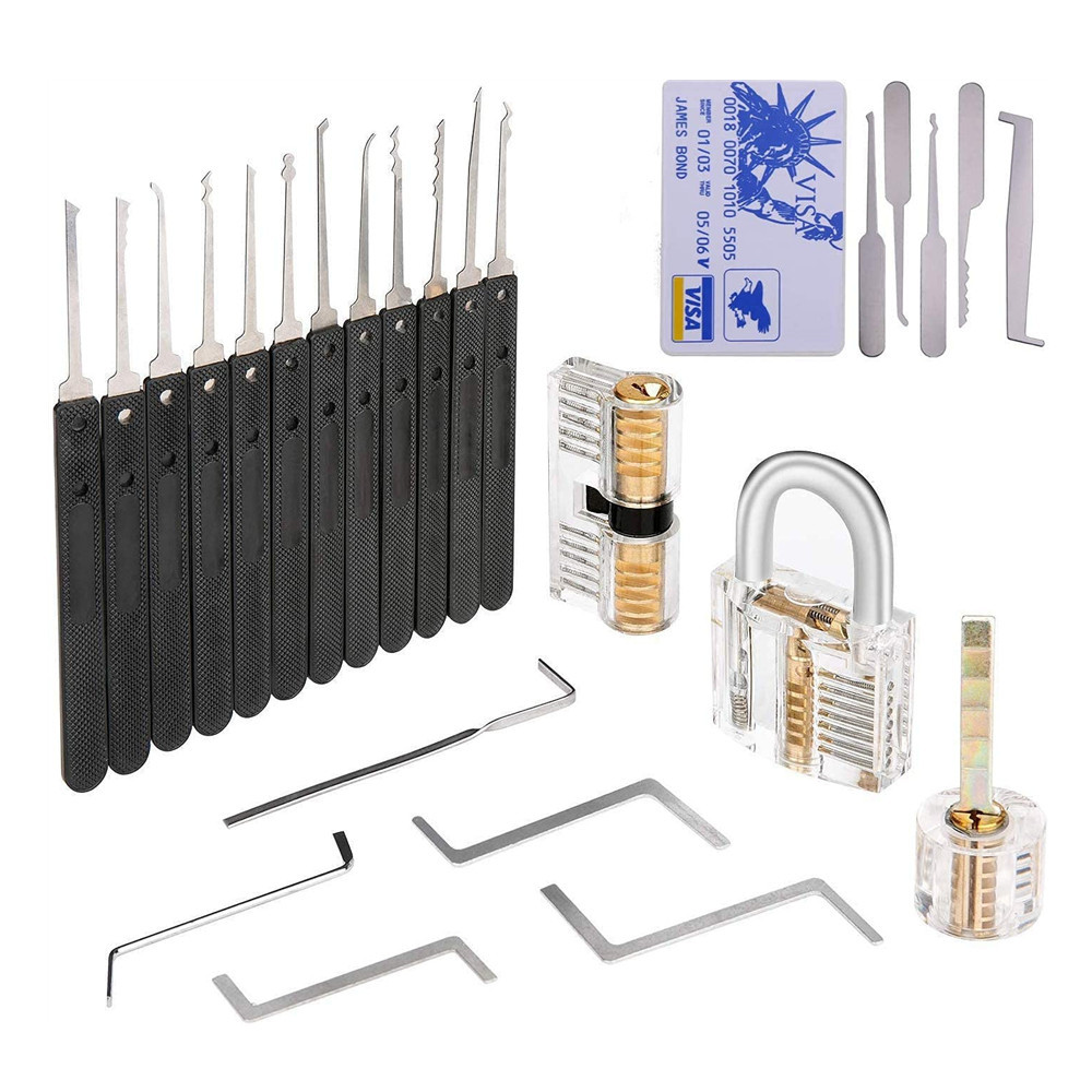 22pcs Lock Picking Tools Credit Card Lock Pick Set with 3 Transparent Practice Padlock for Locksmith Training