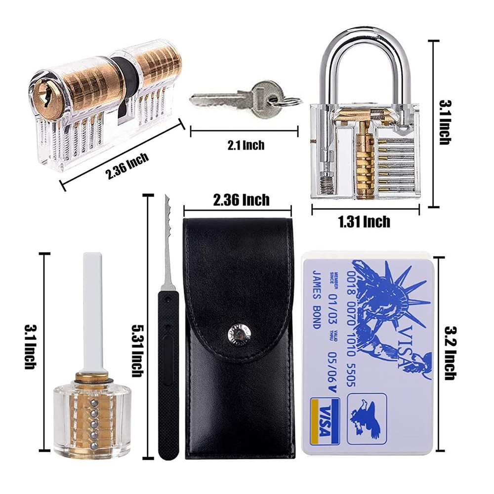 22pcs Lock Picking Tools Credit Card Lock Pick Set with 3 Transparent Practice Padlock for Locksmith Training