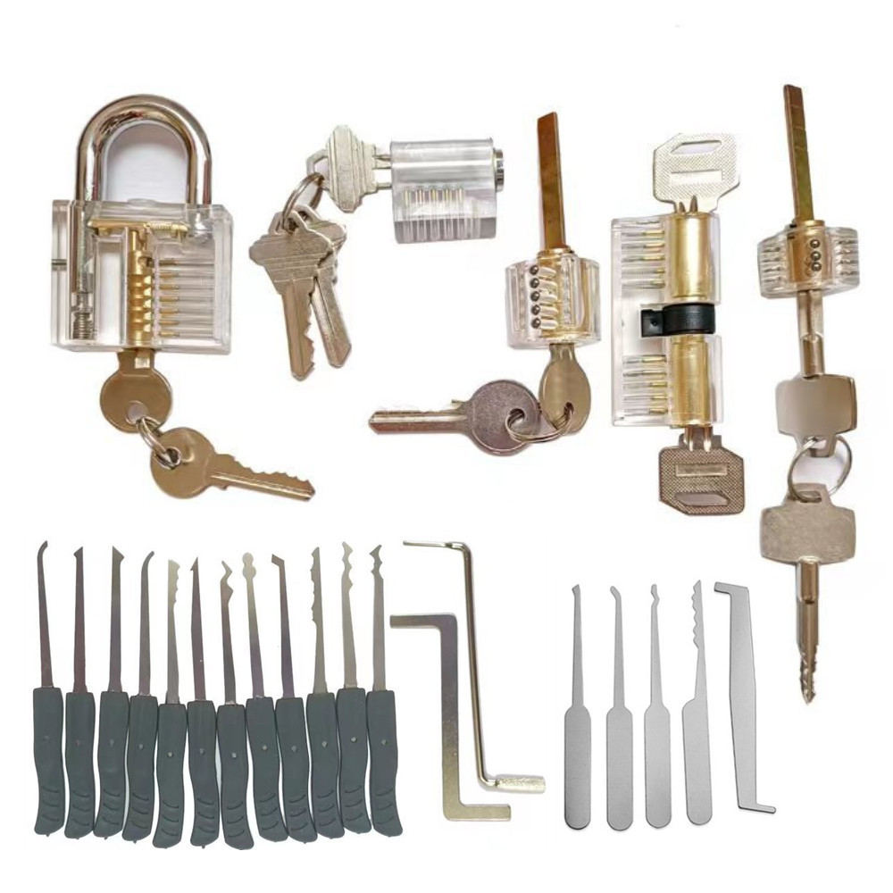 19Pcs New Lock Picking Tools Set Lock Pick Tools with 5 Transparent Practice Padlocks Pick Lock for Beginner and Locksmith Training