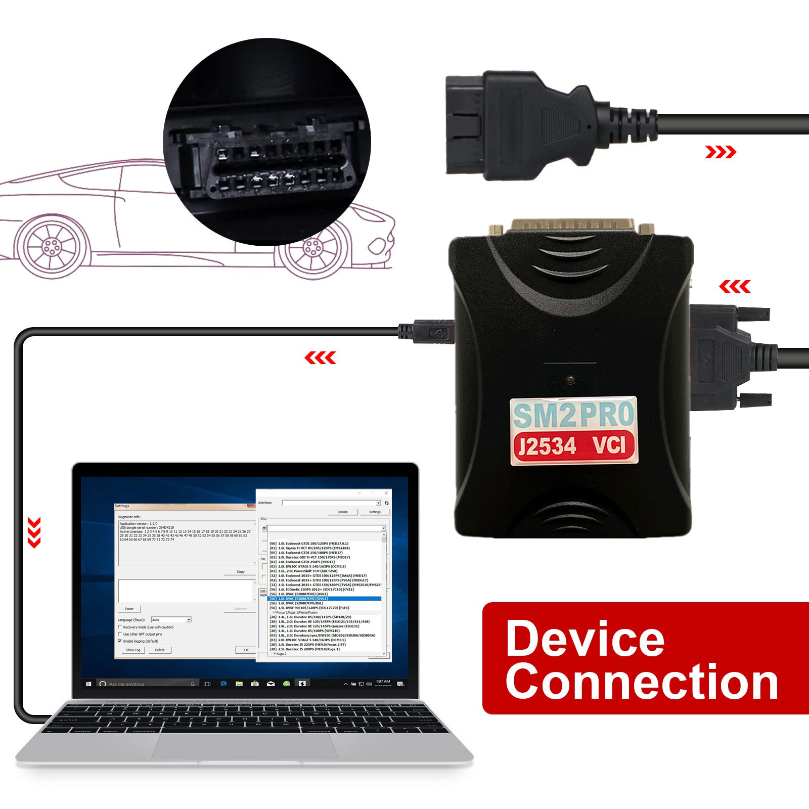 how to connect sm2 pro j2534 vci with laptop and car